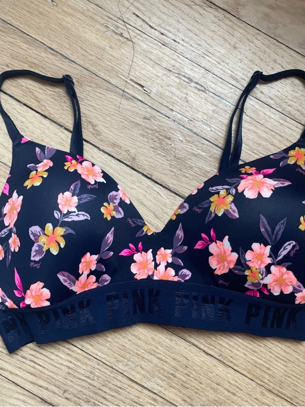 PINK Victoria's Secret Navy Floral Wireless Bra with Pink & Yellow Blooms